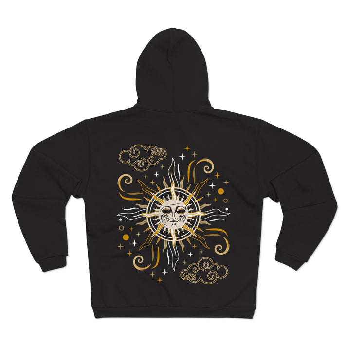 Celestial Sol – schwarzer alternativer Hoodie mit Tarot-inspiriertem Sonnenmotiv